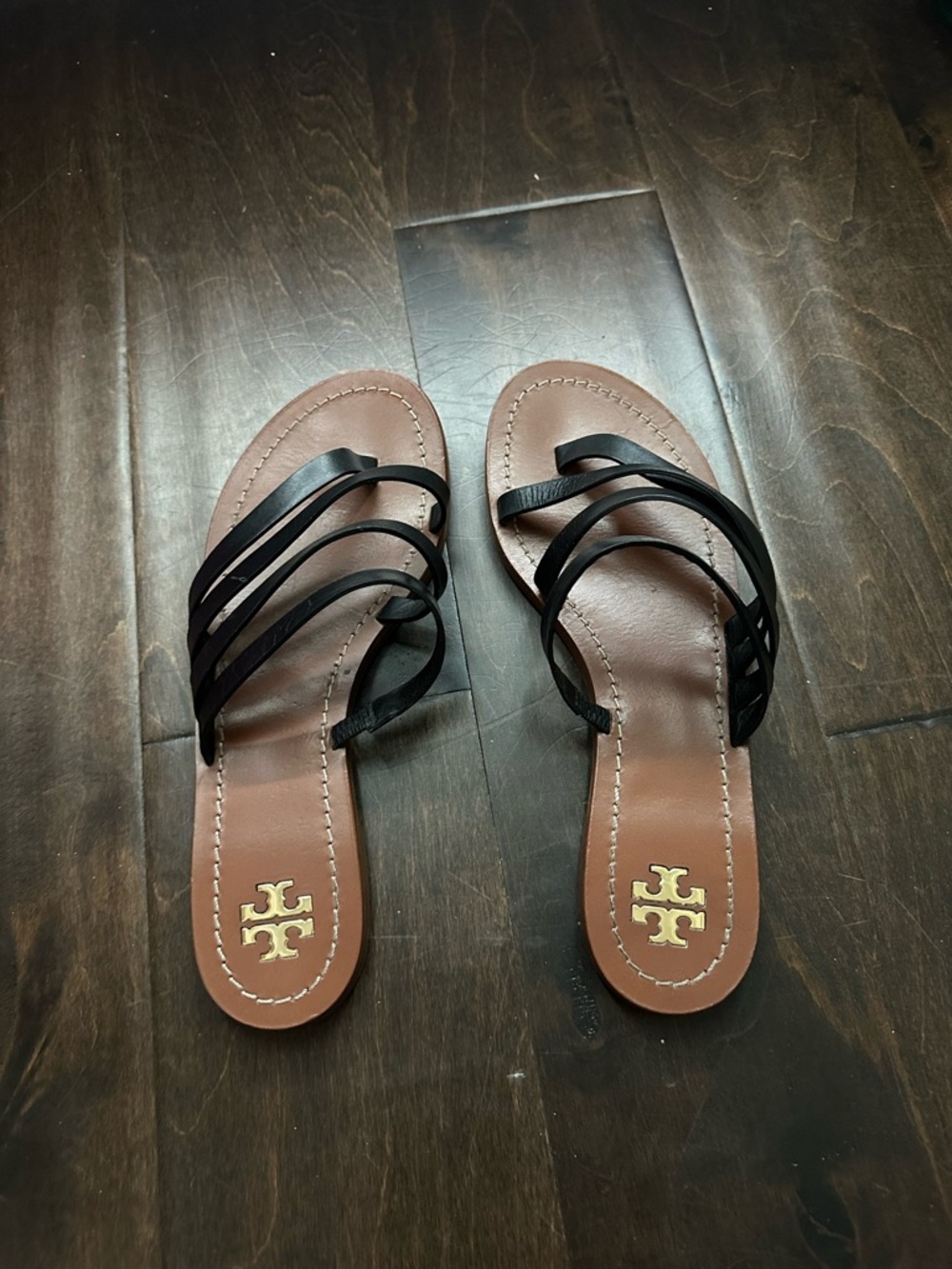 Tory Burch Brown Leather Slide Sandals with Black Straps and Gold Logo